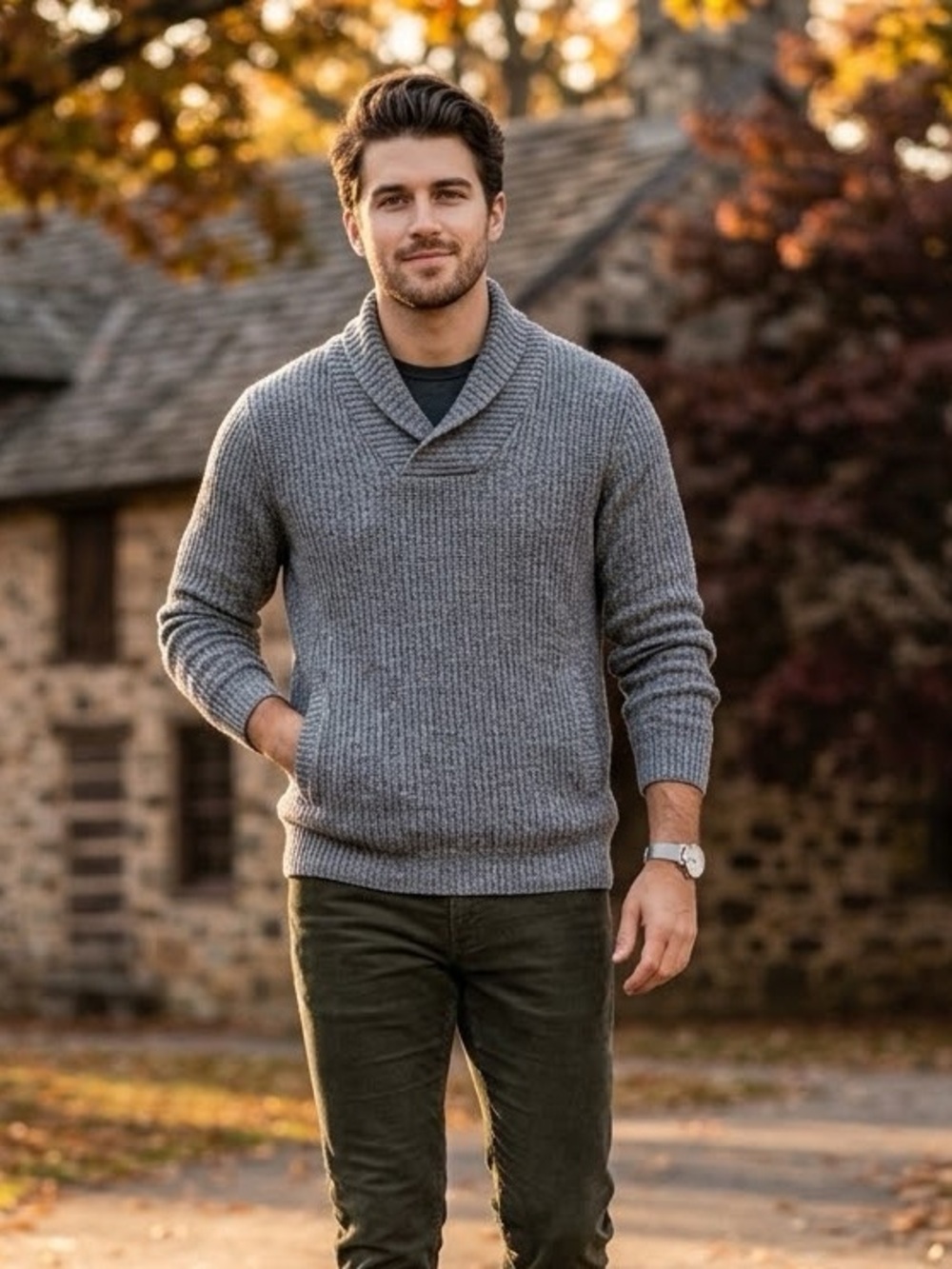 Mens Urban Pipeline Shawl Neck Ribbed Knit Sweater Small Gray Grandpacore